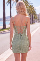 Load image into Gallery viewer, Floral Blue Purple Tight Spaghetti Straps Short Cocktail Dress with Beading