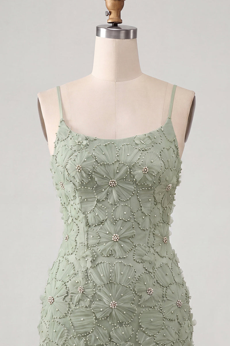 Load image into Gallery viewer, Floral Blue Purple Tight Spaghetti Straps Short Cocktail Dress with Beading