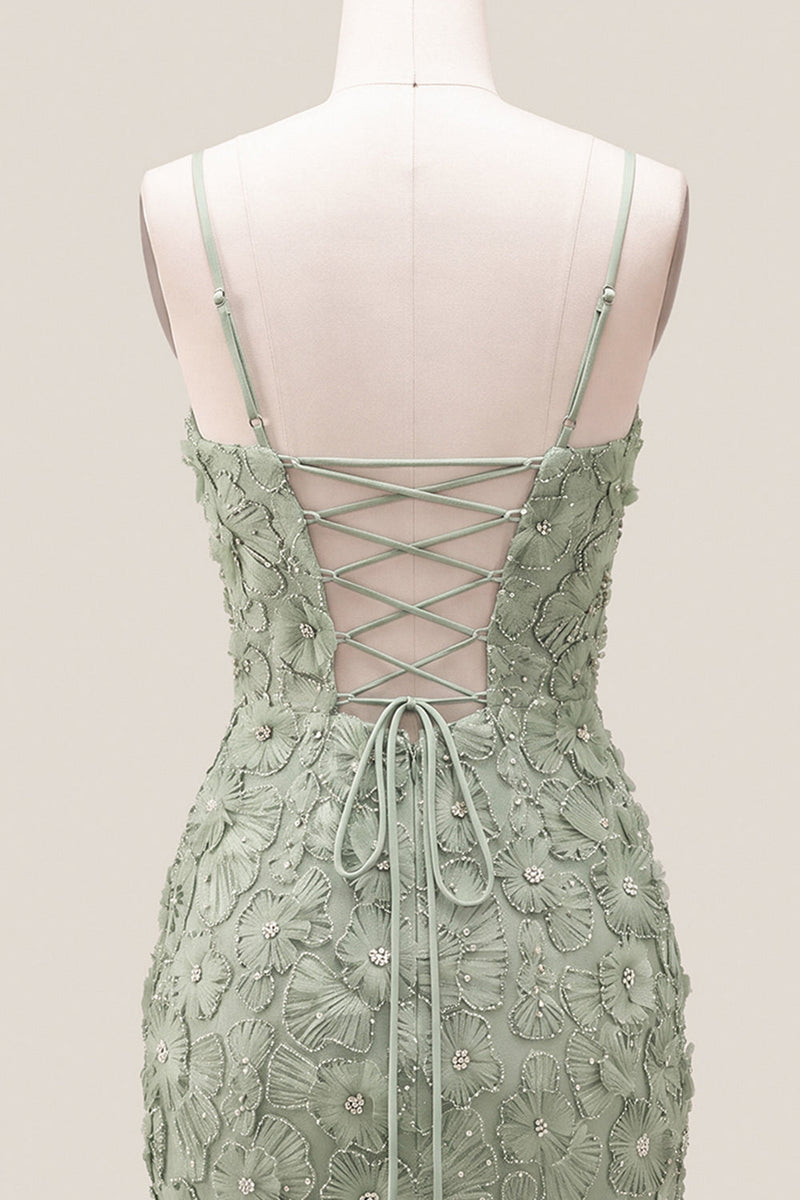 Load image into Gallery viewer, Floral Blue Purple Tight Spaghetti Straps Short Cocktail Dress with Beading