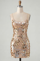 Load image into Gallery viewer, Sparkly Champagne Tight Spaghetti Straps Sequin Short Cocktail Dress