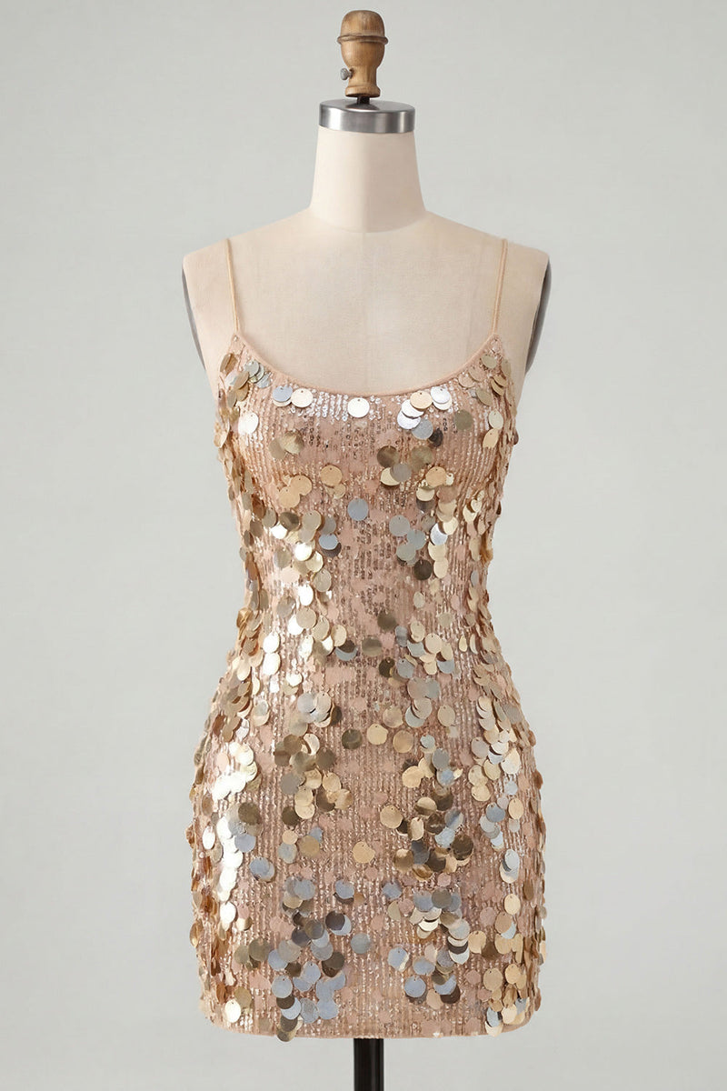 Load image into Gallery viewer, Sparkly Champagne Tight Spaghetti Straps Sequin Short Cocktail Dress