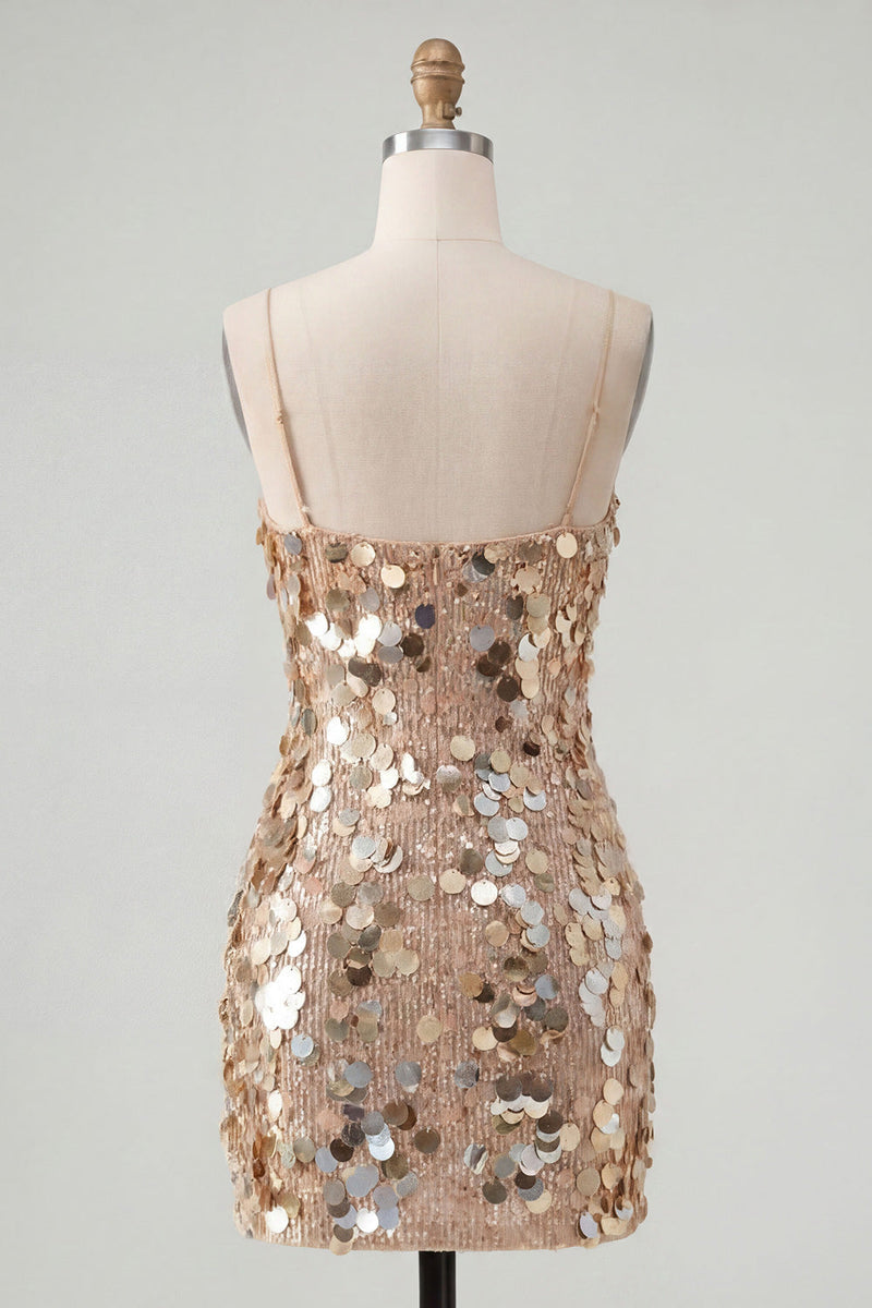 Load image into Gallery viewer, Sparkly Champagne Tight Spaghetti Straps Sequin Short Cocktail Dress