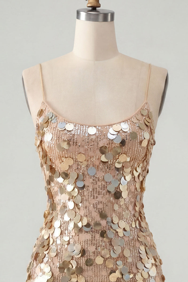 Load image into Gallery viewer, Sparkly Champagne Tight Spaghetti Straps Sequin Short Cocktail Dress