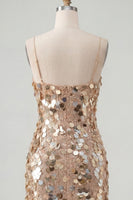 Load image into Gallery viewer, Sparkly Champagne Tight Spaghetti Straps Sequin Short Cocktail Dress