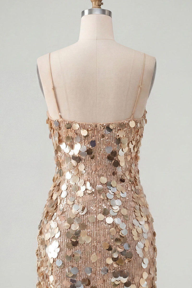 Load image into Gallery viewer, Sparkly Champagne Tight Spaghetti Straps Sequin Short Cocktail Dress