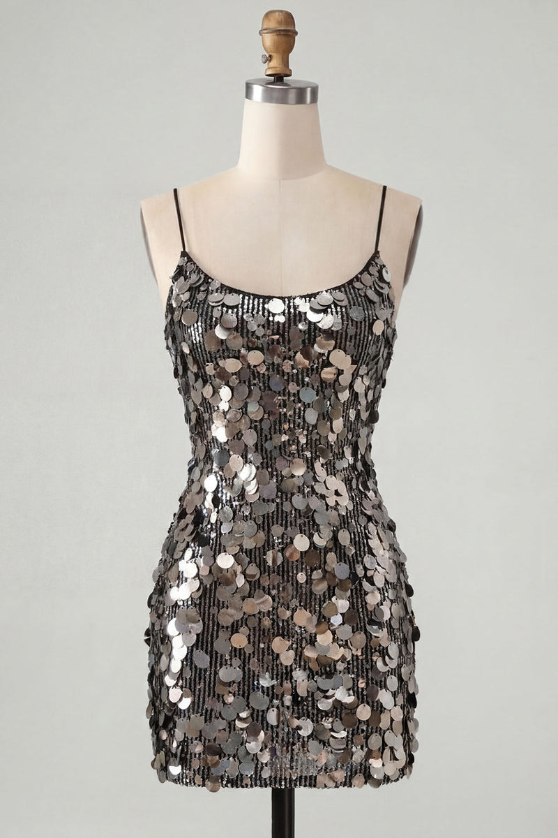 Load image into Gallery viewer, Sparkly Champagne Tight Spaghetti Straps Sequin Short Cocktail Dress