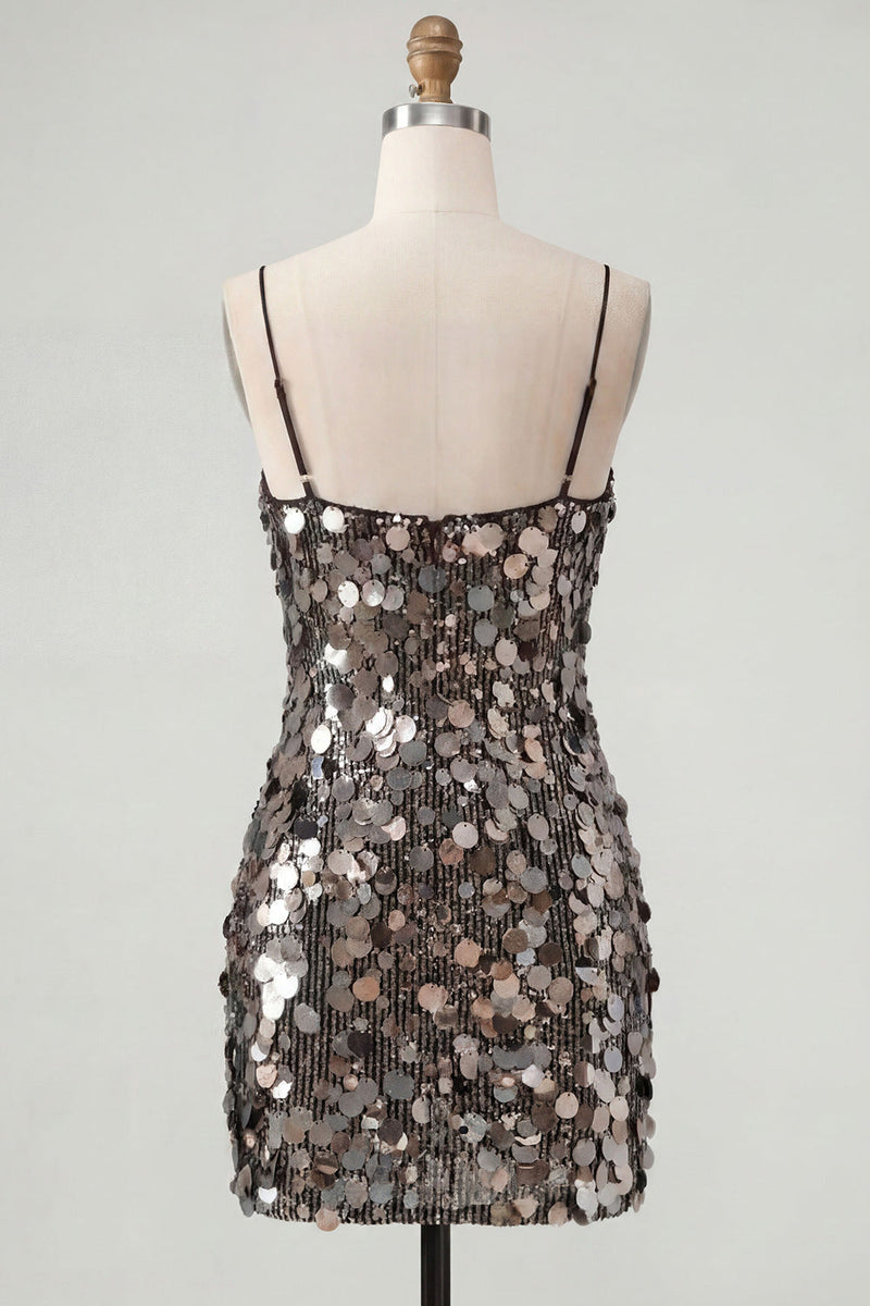 Load image into Gallery viewer, Sparkly Champagne Tight Spaghetti Straps Sequin Short Cocktail Dress
