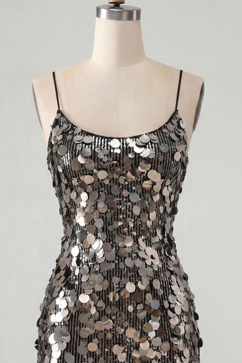 Load image into Gallery viewer, Sparkly Champagne Tight Spaghetti Straps Sequin Short Cocktail Dress