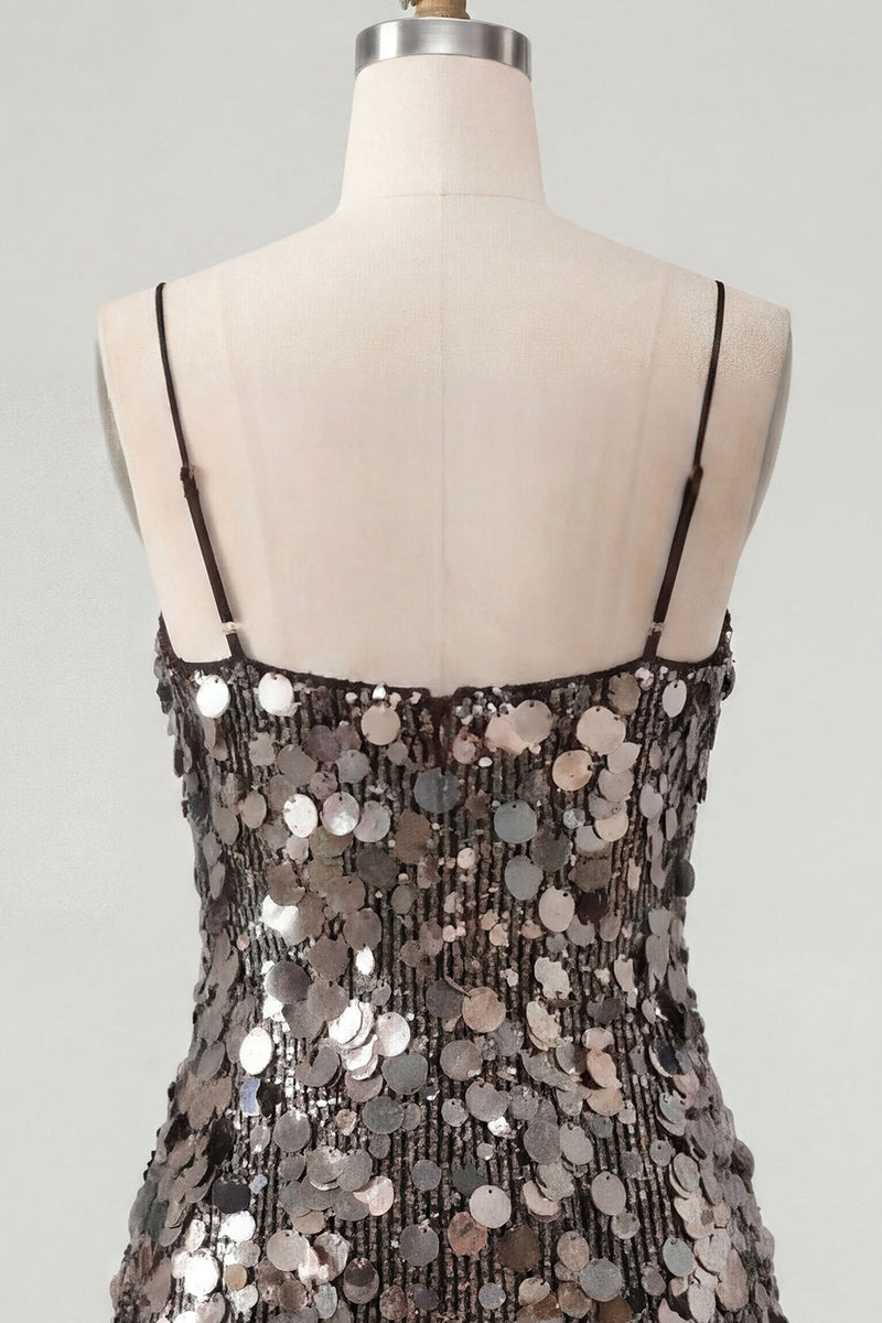 Load image into Gallery viewer, Sparkly Champagne Tight Spaghetti Straps Sequin Short Cocktail Dress