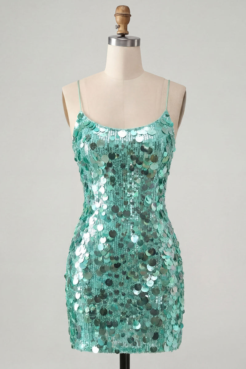 Load image into Gallery viewer, Sparkly Champagne Tight Spaghetti Straps Sequin Short Cocktail Dress