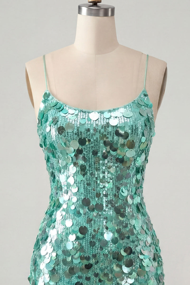 Load image into Gallery viewer, Sparkly Champagne Tight Spaghetti Straps Sequin Short Cocktail Dress