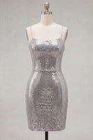 Load image into Gallery viewer, Sparkly Silver Spaghetti Straps Sequins Short Tight Cocktail Dress