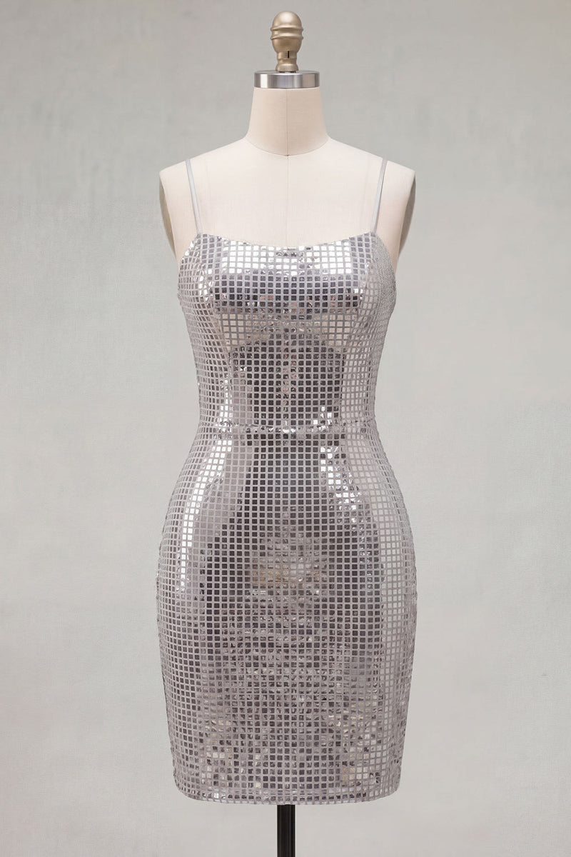 Load image into Gallery viewer, Sparkly Silver Spaghetti Straps Sequins Short Tight Cocktail Dress