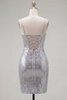 Load image into Gallery viewer, Sparkly Silver Spaghetti Straps Sequins Short Tight Cocktail Dress