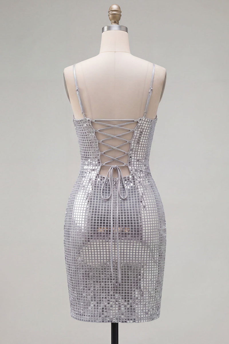 Load image into Gallery viewer, Sparkly Silver Spaghetti Straps Sequins Short Tight Cocktail Dress