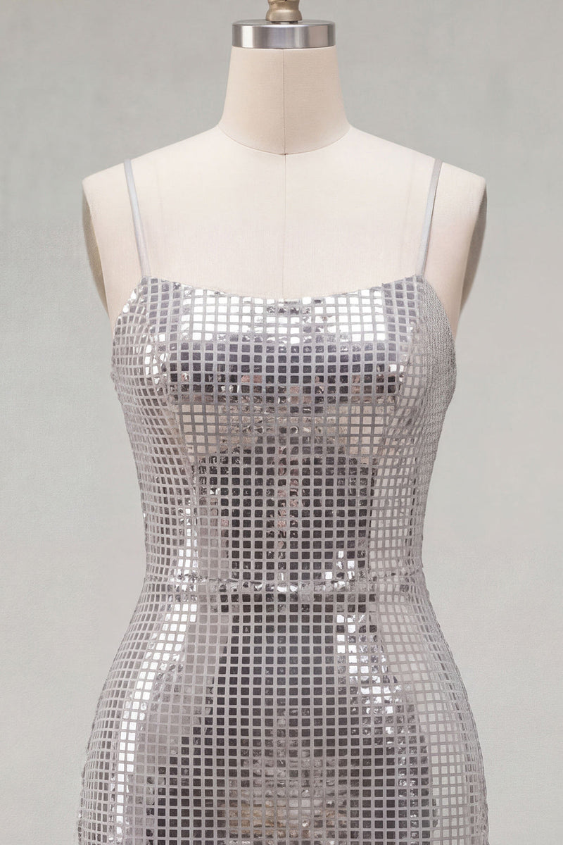 Load image into Gallery viewer, Sparkly Silver Spaghetti Straps Sequins Short Tight Cocktail Dress