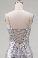 Load image into Gallery viewer, Sparkly Silver Spaghetti Straps Sequins Short Tight Cocktail Dress