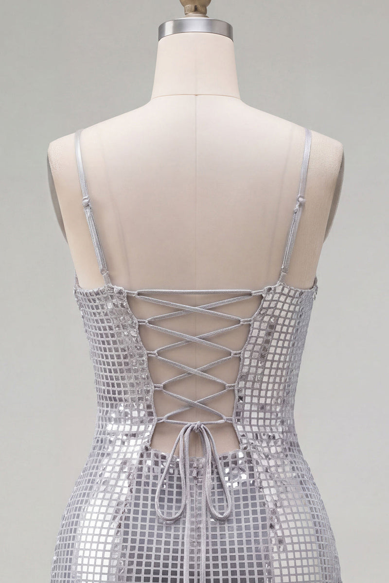 Load image into Gallery viewer, Sparkly Silver Spaghetti Straps Sequins Short Tight Cocktail Dress