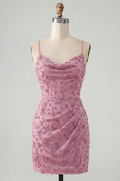 Load image into Gallery viewer, Sparkly Dusty Rose Tight Cowl Neck Short Cocktail Dress with Beading