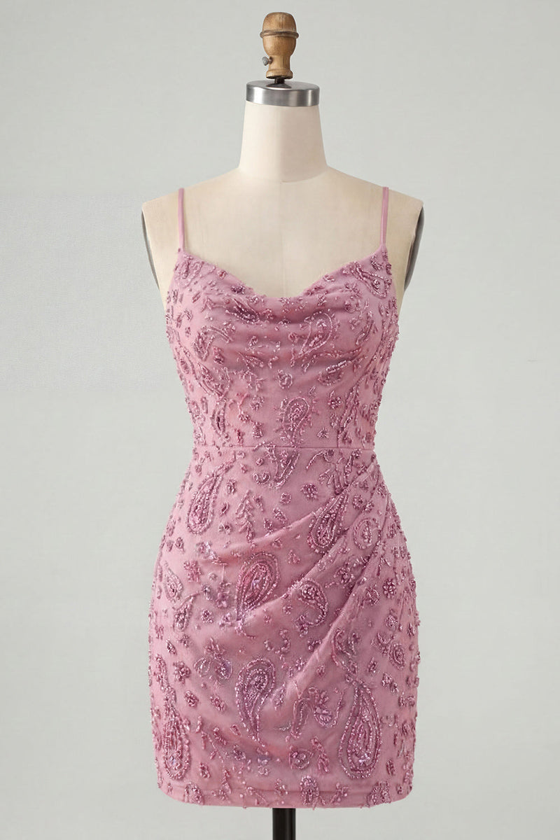 Load image into Gallery viewer, Sparkly Dusty Rose Tight Cowl Neck Short Cocktail Dress with Beading