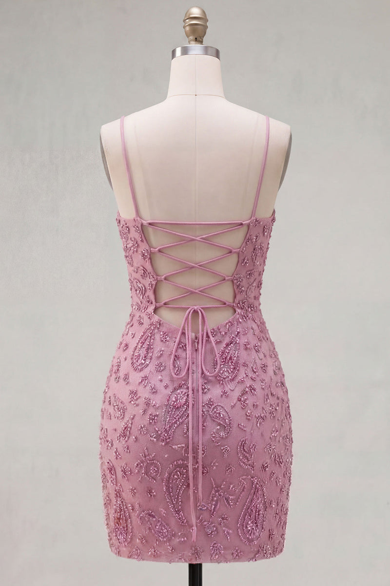 Load image into Gallery viewer, Sparkly Dusty Rose Tight Cowl Neck Short Cocktail Dress with Beading