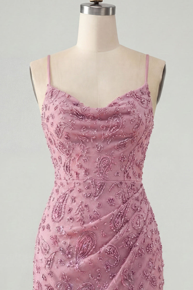 Load image into Gallery viewer, Sparkly Dusty Rose Tight Cowl Neck Short Cocktail Dress with Beading