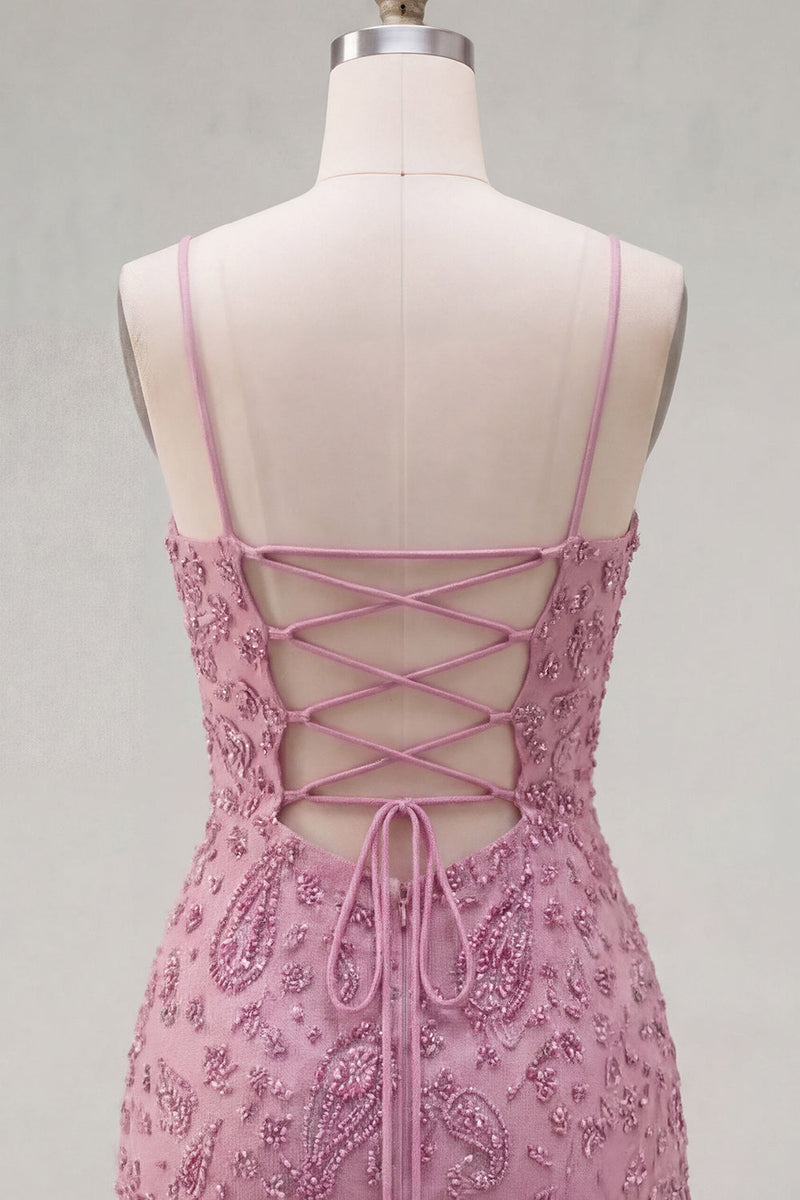 Load image into Gallery viewer, Sparkly Dusty Rose Tight Cowl Neck Short Cocktail Dress with Beading