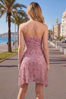 Load image into Gallery viewer, Sparkly Dusty Rose Beaded Ruched Strapless Short Cocktail Dress