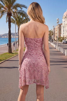 Sparkly Dusty Rose Beaded Ruched Strapless Short Cocktail Dress