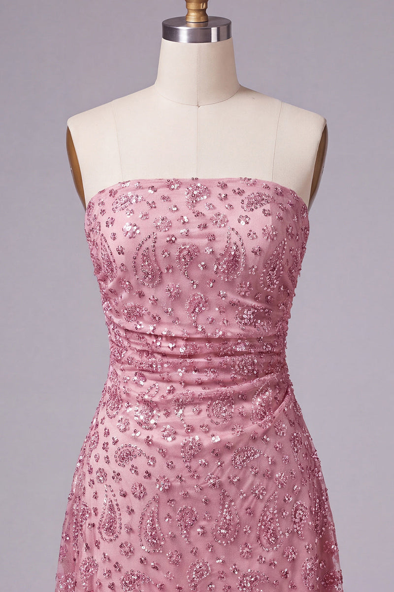 Load image into Gallery viewer, Sparkly Dusty Rose Beaded Ruched Strapless Short Cocktail Dress