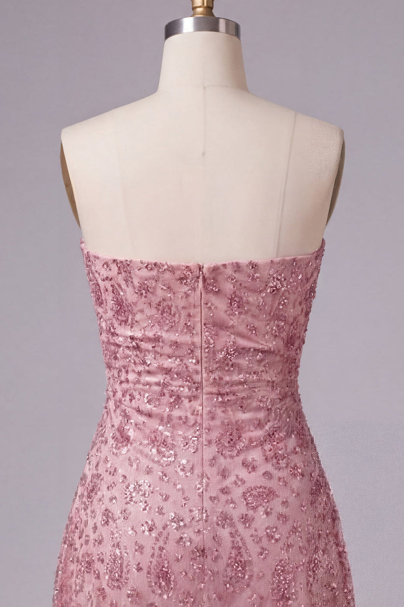 Load image into Gallery viewer, Sparkly Dusty Rose Beaded Ruched Strapless Short Cocktail Dress