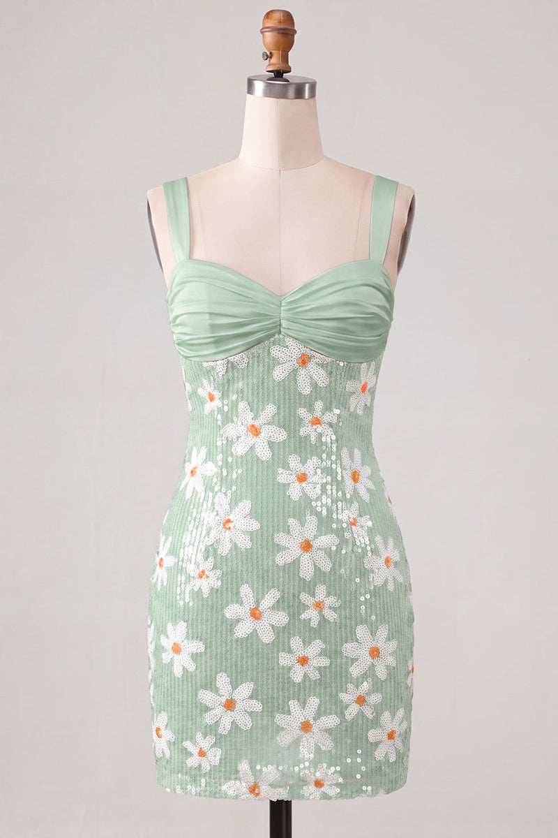 Load image into Gallery viewer, Sparkly Green Sequins Tight Ruched Short Floral Cocktail Dress
