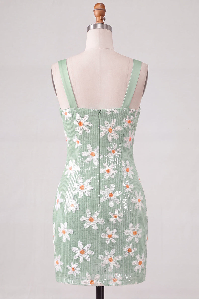 Load image into Gallery viewer, Sparkly Green Sequins Tight Ruched Short Floral Cocktail Dress