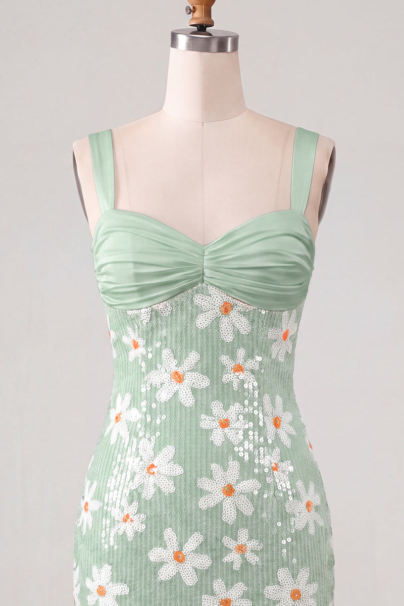 Load image into Gallery viewer, Sparkly Green Sequins Tight Ruched Short Floral Cocktail Dress