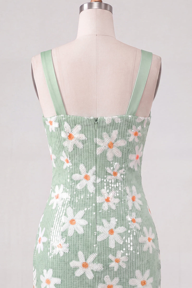 Load image into Gallery viewer, Sparkly Green Sequins Tight Ruched Short Floral Cocktail Dress
