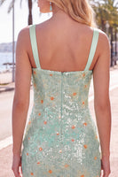 Load image into Gallery viewer, Sparkly Green Sequins Tight Ruched Short Floral Cocktail Dress