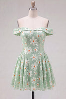Load image into Gallery viewer, Sparkly Floral Green A-Line Off the Shoulder Short Cocktail Dress