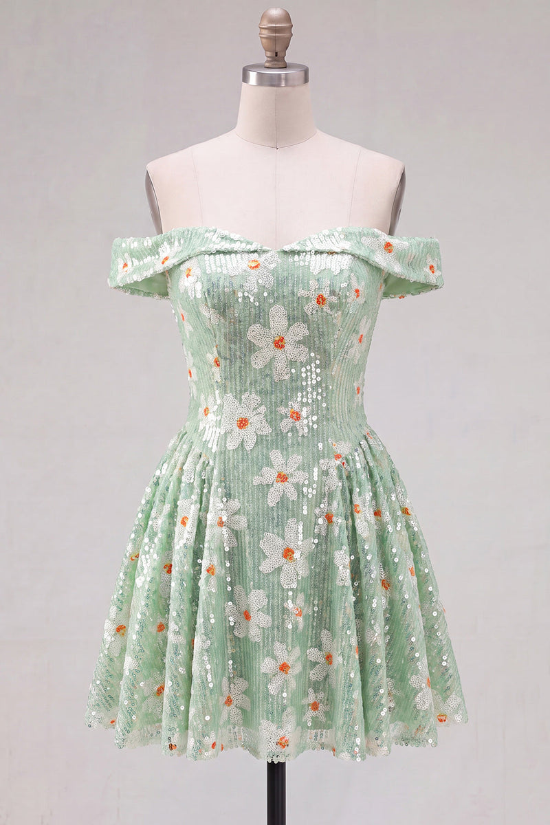 Load image into Gallery viewer, Sparkly Floral Green A-Line Off the Shoulder Short Cocktail Dress