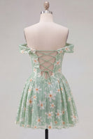 Load image into Gallery viewer, Sparkly Floral Green A-Line Off the Shoulder Short Cocktail Dress