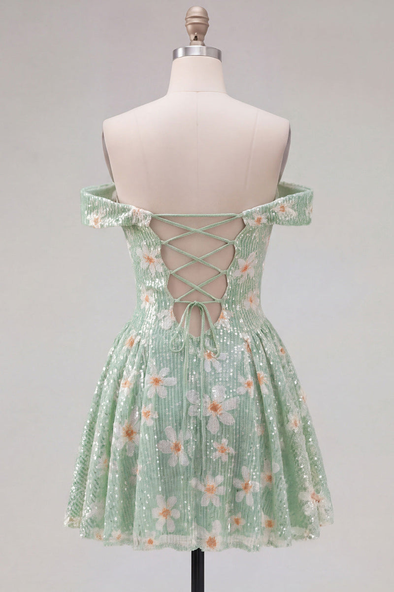 Load image into Gallery viewer, Sparkly Floral Green A-Line Off the Shoulder Short Cocktail Dress