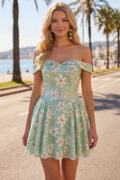 Load image into Gallery viewer, Sparkly Floral Green A-Line Off the Shoulder Short Cocktail Dress