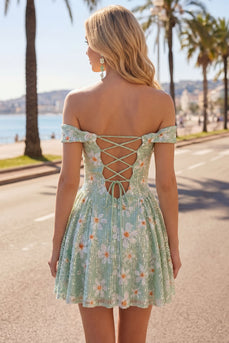 Sparkly Floral Green A-Line Off the Shoulder Short Cocktail Dress