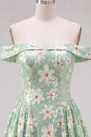 Load image into Gallery viewer, Sparkly Floral Green A-Line Off the Shoulder Short Cocktail Dress