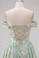 Load image into Gallery viewer, Sparkly Floral Green A-Line Off the Shoulder Short Cocktail Dress