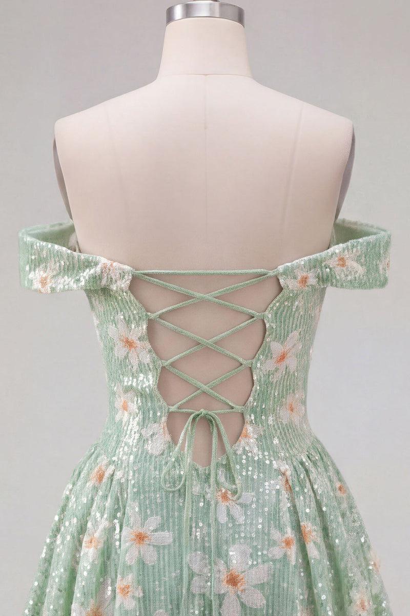 Load image into Gallery viewer, Sparkly Floral Green A-Line Off the Shoulder Short Cocktail Dress
