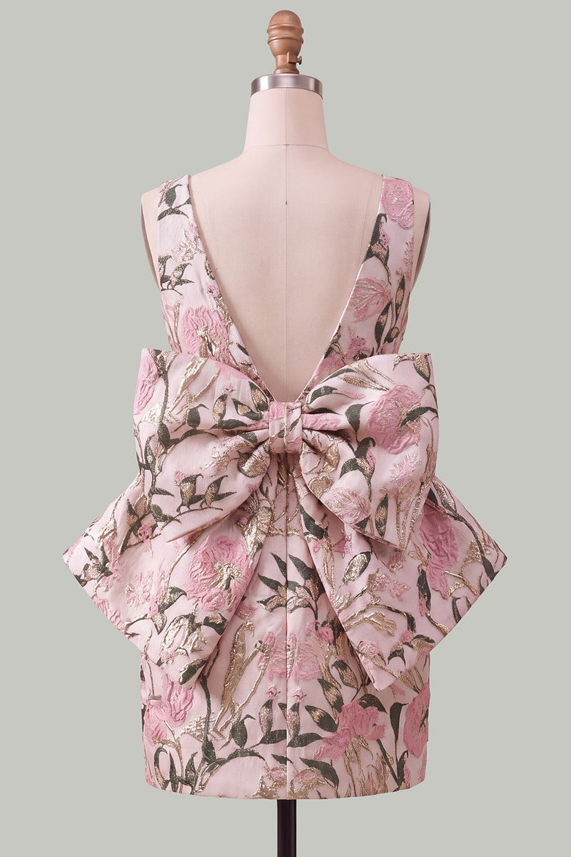 Load image into Gallery viewer, Floral Yellow Boat Neck Short Tight Cocktail Dress with Bow