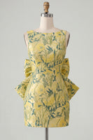 Load image into Gallery viewer, Floral Yellow Boat Neck Short Tight Cocktail Dress with Bow
