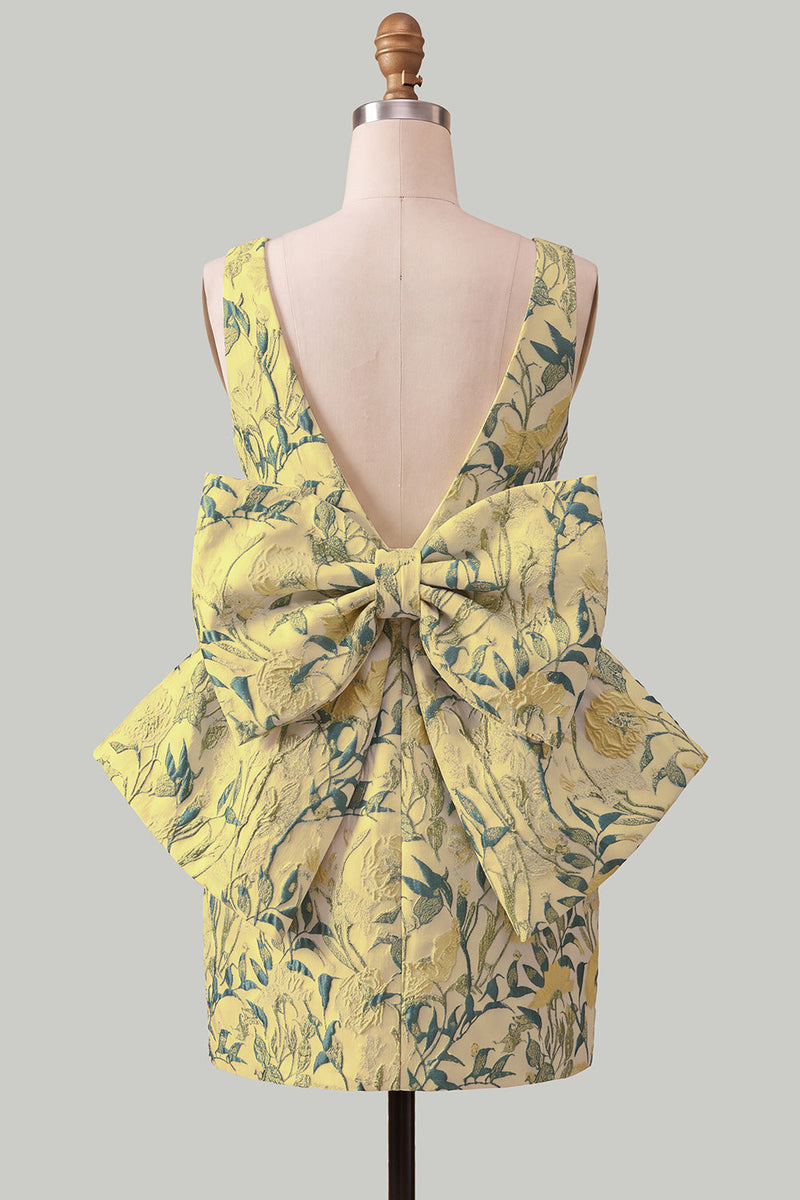 Load image into Gallery viewer, Floral Yellow Boat Neck Short Tight Cocktail Dress with Bow