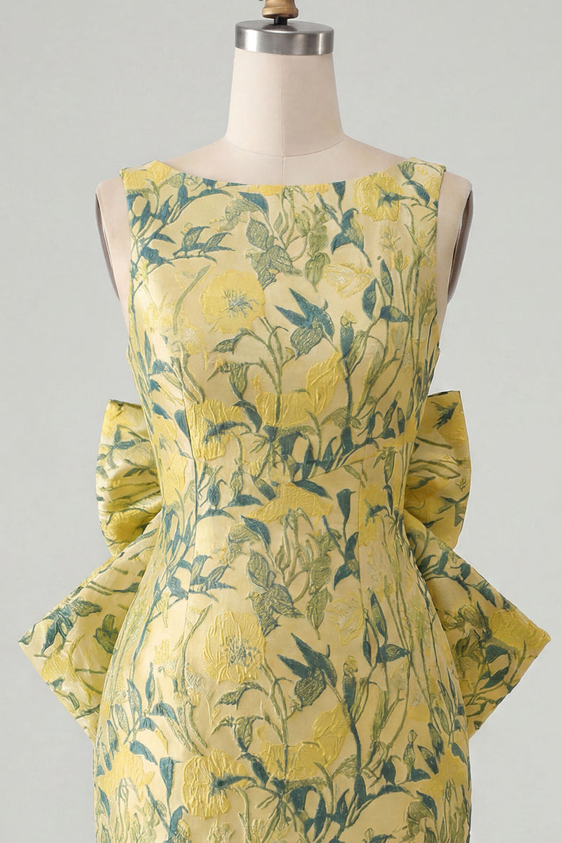 Load image into Gallery viewer, Floral Yellow Boat Neck Short Tight Cocktail Dress with Bow