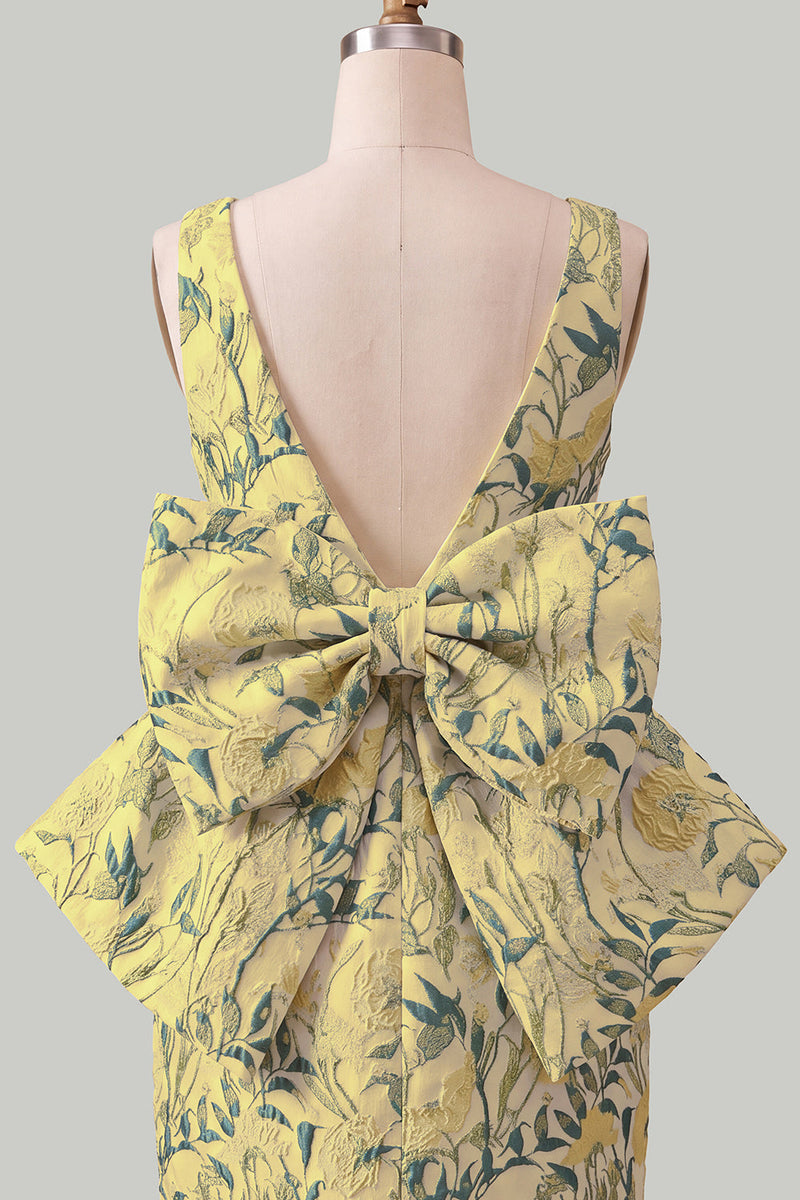 Load image into Gallery viewer, Floral Yellow Boat Neck Short Tight Cocktail Dress with Bow